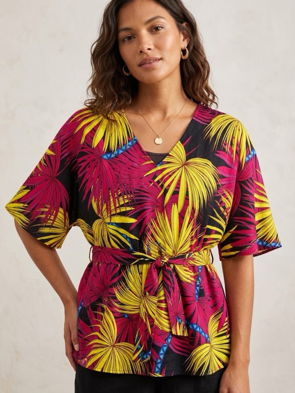 Gypsy Mara Hoffman V-Neck Tropical Palm Print Tie Waist Top Blouse L Vacation